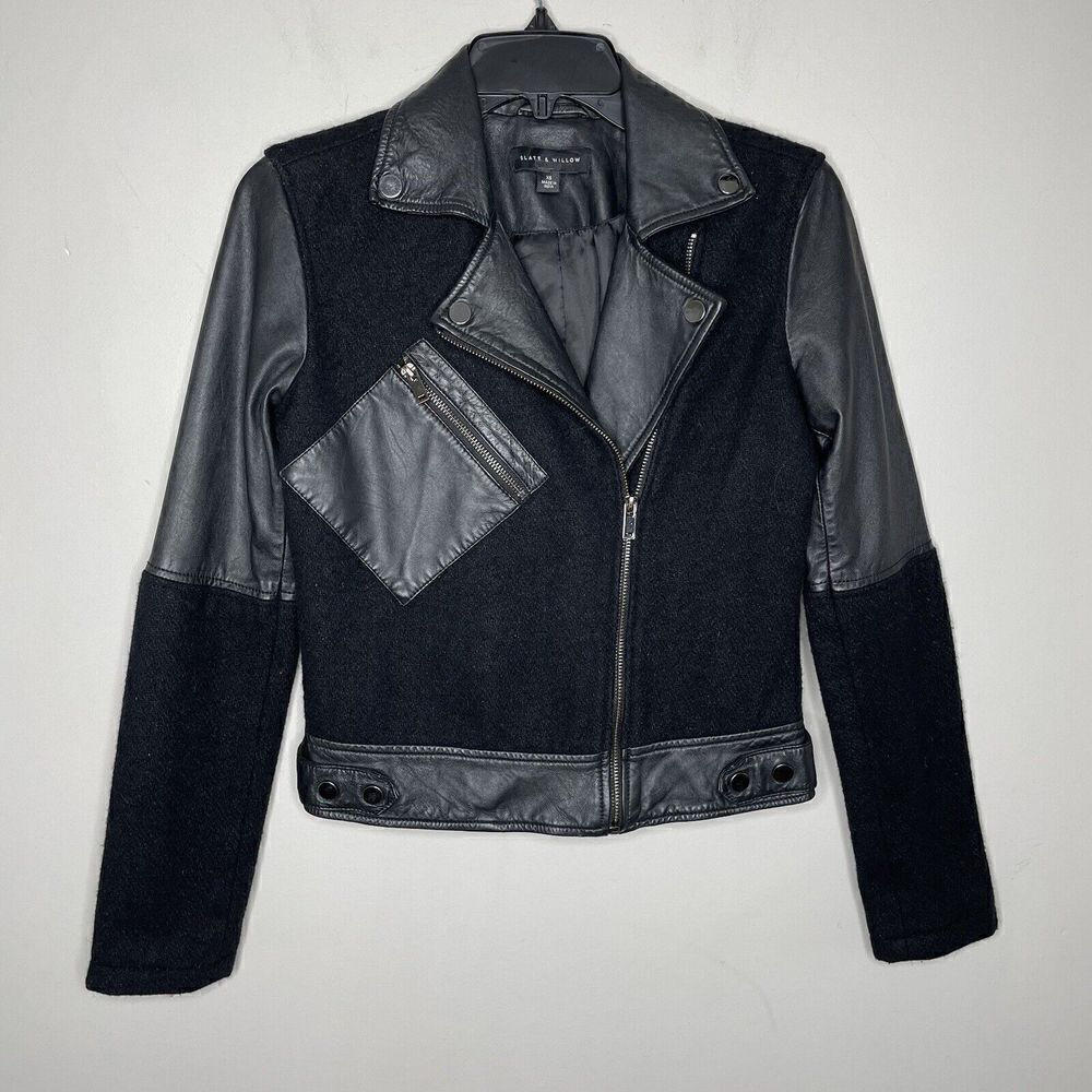 SLATE & WILLOW Leather Jacket Womens XS Black Mixed Media Moto Full Zip Wool
